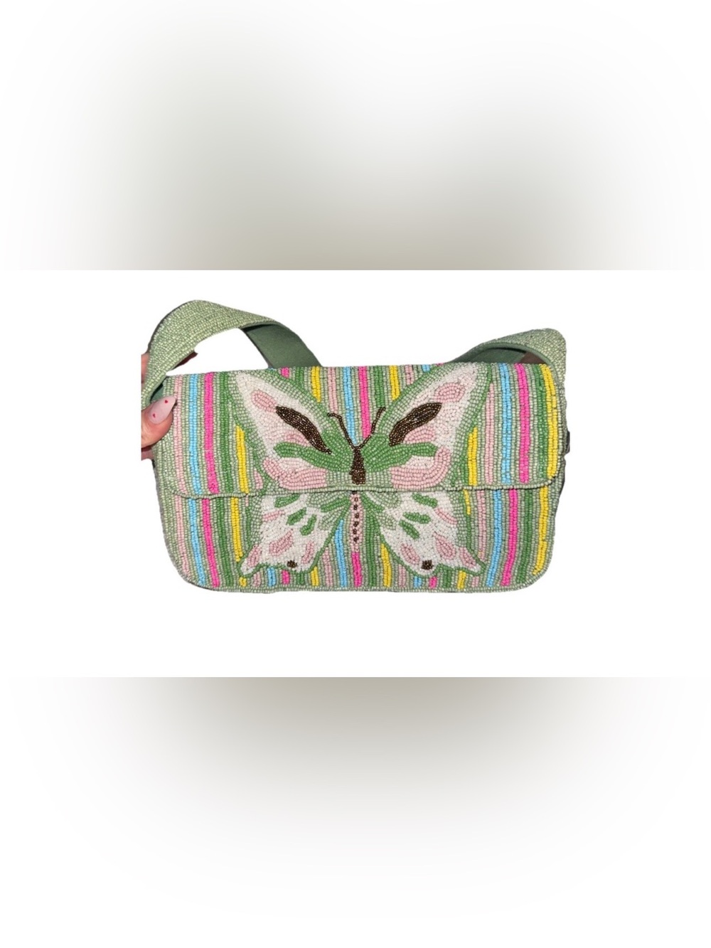 NWT Viral Butterfly Beaded Shoulder Bag in Sage Green - Picture 3 of 4